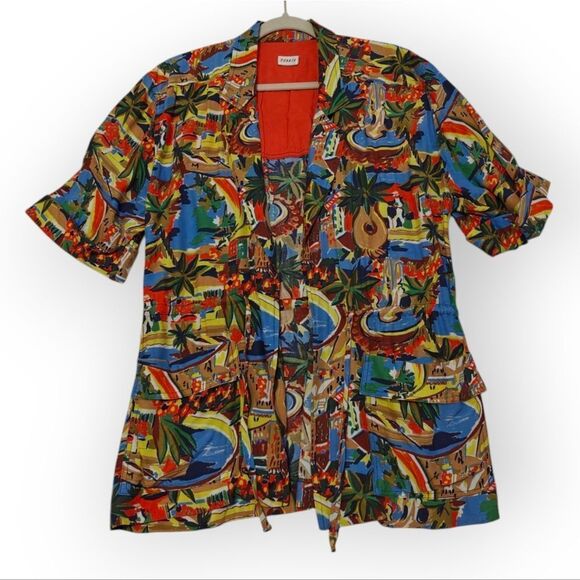 Tobria Lyocell Hawaiian Vibrant Red and Blue Casual Top Jacket Open Shirt Sz L - Picture 1 of 8